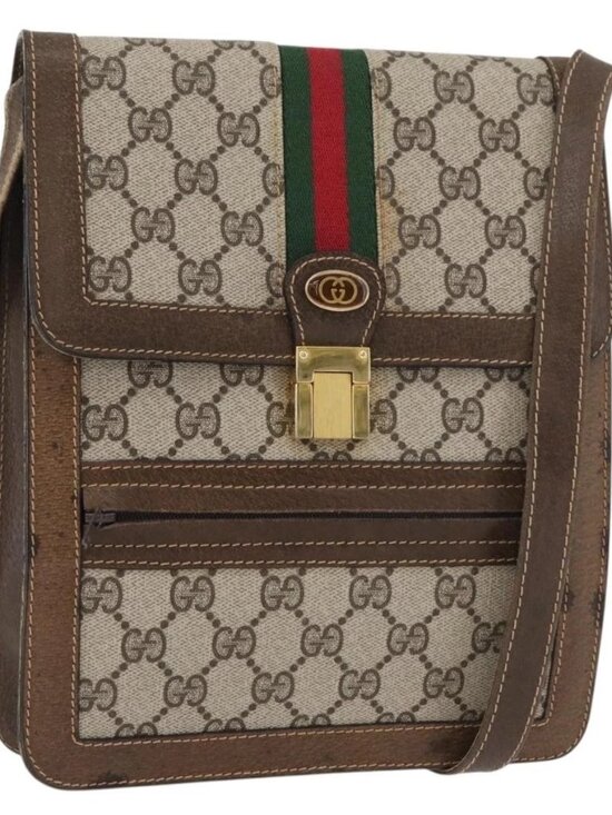 Gucci Handbags - GUCCI GG Supreme Web Sherry Line Shoulder Bag PVC Beige Gold Red Auth ka4225